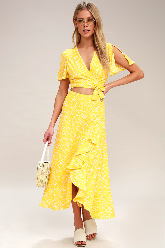 Cute Yellow Two-Piece Dress - Polka Dot ...